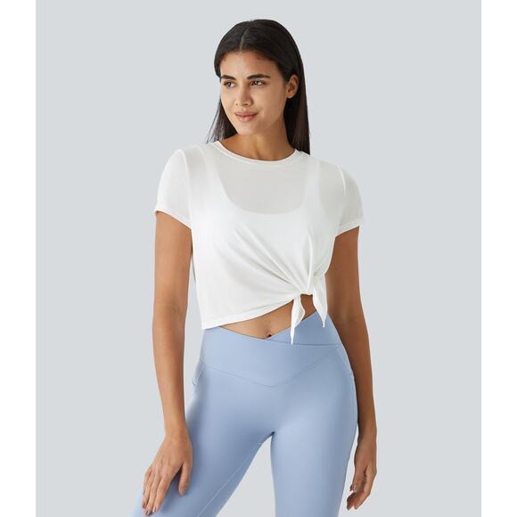 Halara Sheer Short Sleeve Asymmetric Split Hem Jacquard Crop Running Sport Top L - Picture 1 of 9